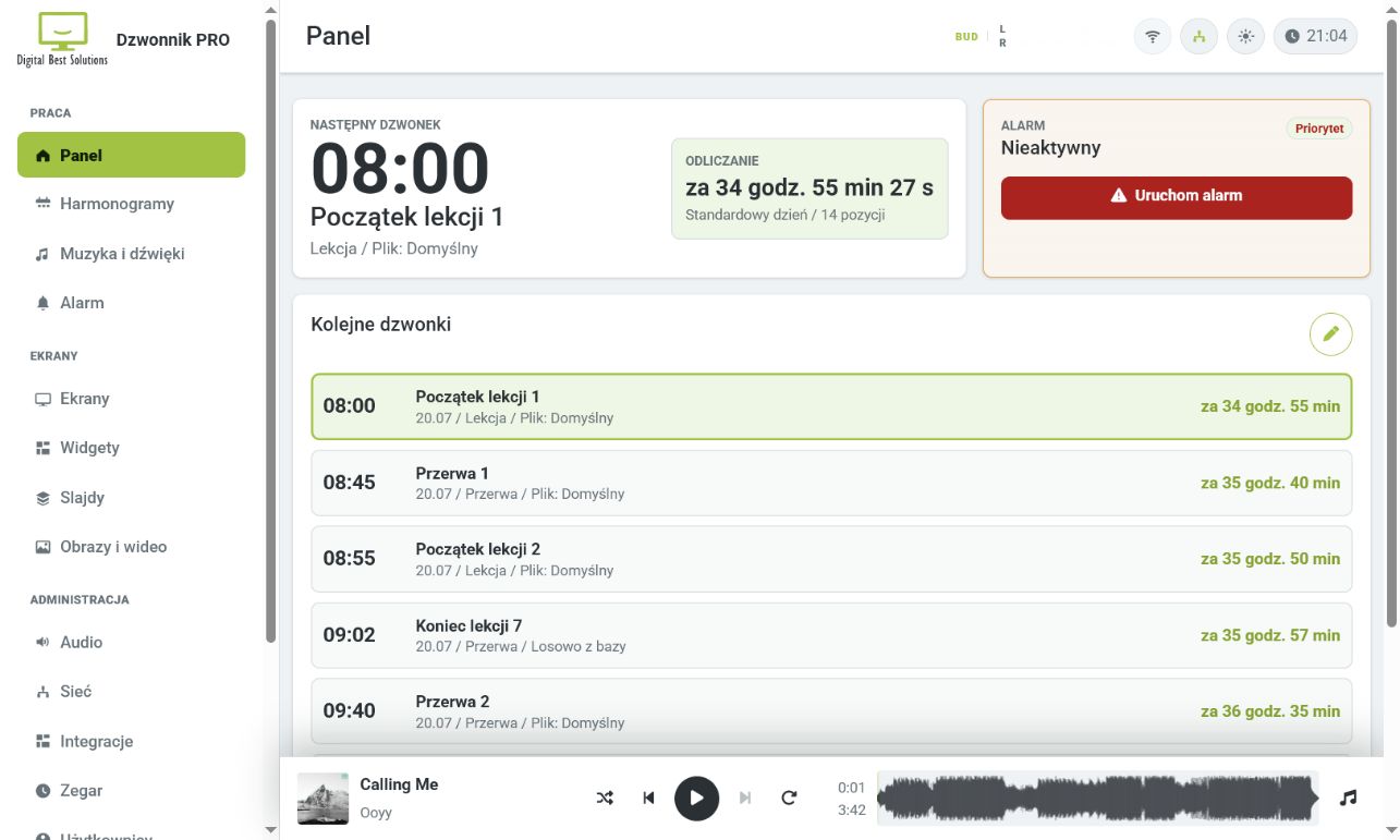 Panel główny oprogramowania Dzwonnik PRO