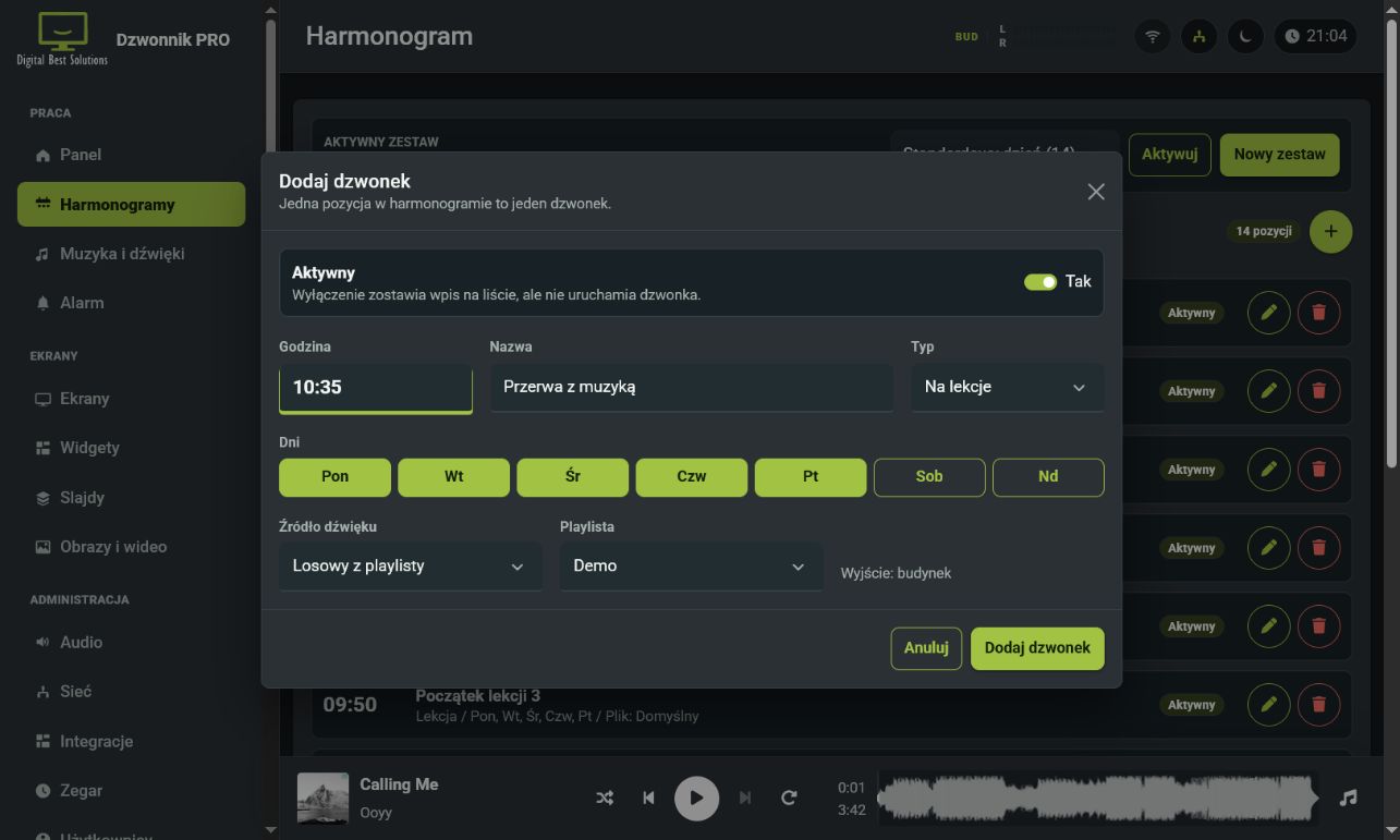 Szybka zmiana zestawów dnia i playlist w Dzwonniku PRO
